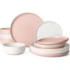 imageFamiware Milkyway Plates and Bowls Sets 12 Pieces Dinnerware Sets Reactive Glaze Dish Set Stoneware Dishes Set for 4 Matte WhiteMatte White  Light Pink