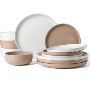 imageFamiware Milkyway Plates and Bowls Set 18 Pieces Dinnerware Sets Dishes Set for 6 Cinnamon BrownWhite  Cinnamon Brown