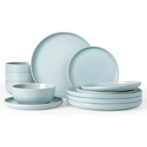 imageFamiware Milkyway Plates and Bowls Sets 12 Pieces Dinnerware Sets Reactive Glaze Dish Set Stoneware Dishes Set for 4 Matte WhiteLight Blue