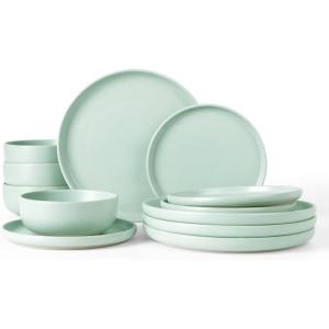 imageFamiware Milkyway Plates and Bowls Sets 12 Pieces Dinnerware Sets Reactive Glaze Dish Set Stoneware Dishes Set for 4 Matte WhiteLight Green