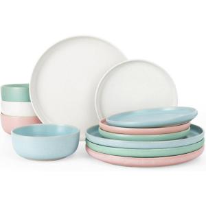 imageFamiware Milkyway Plates and Bowls Sets 12 Pieces Dinnerware Sets Reactive Glaze Dish Set Stoneware Dishes Set for 4 Matte WhiteMatte Multicolor