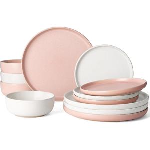 imageFamiware Milkyway Plates and Bowls Sets 12 Pieces Dinnerware Sets Reactive Glaze Dish Set Stoneware Dishes Set for 4 Matte WhiteMatte White  Light Pink