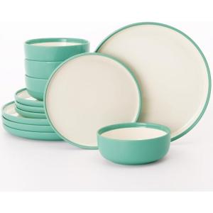 imageFamiware Nature Plates and Bowls Set 18 Pieces Dinnerware Sets Dishware Sets Dishes Set for 6 Microwave and Dishwasher Safe Midnight BlueGreen and Beige