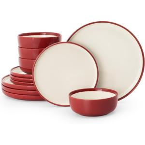 imageFamiware Nature Plates and Bowls Set 18 Pieces Dinnerware Sets Dishware Sets Dishes Set for 6 Microwave and Dishwasher Safe Midnight BlueRed and Beige