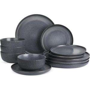 imageFamiware Star Dinnerware Set Plates and Bowls Sets for 8 24pcs Ribbed Stoneware Dishes  Chip ampamp Scratch Resistant Microwave ampamp Dishwasher Safe Tableware Vanilla WhiteMatte Midnight Grey