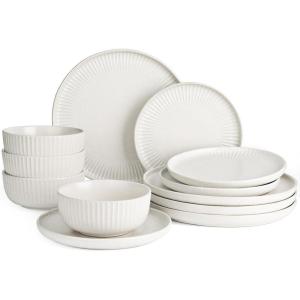 imageFamiware Star Dinnerware Set Plates and Bowls Sets for 8 24pcs Ribbed Stoneware Dishes  Chip ampamp Scratch Resistant Microwave ampamp Dishwasher Safe Tableware Vanilla WhiteMatte Reactive White