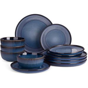 imageFamiware Star Dinnerware Set Plates and Bowls Sets for 8 24pcs Ribbed Stoneware Dishes  Chip ampamp Scratch Resistant Microwave ampamp Dishwasher Safe Tableware Vanilla WhiteStarry Blue