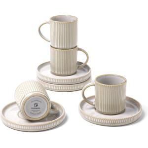 imagefamiware Jupiter Espresso Cups and Saucers Set of 4 3 oz Ceramic Small Coffee Mug with Handle Spiral Stoneware Demitasse Cup for Tea Latte Cafe  Microwave ampamp Dishwasher Safe Light BlueCappuccino White
