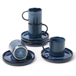 imagefamiware Jupiter Espresso Cups and Saucers Set of 4 3 oz Ceramic Small Coffee Mug with Handle Spiral Stoneware Demitasse Cup for Tea Latte Cafe  Microwave ampamp Dishwasher Safe Light BlueNebulas Blue