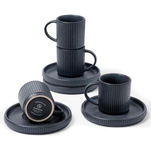 imagefamiware Jupiter Espresso Cups and Saucers Set of 4 3 oz Ceramic Small Coffee Mug with Handle Spiral Stoneware Demitasse Cup for Tea Latte Cafe  Microwave ampamp Dishwasher Safe Light BlueMatte Dark Charcoal