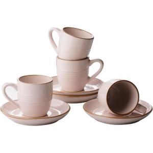 imagefamiware Jupiter Espresso Cups and Saucers Set of 4 3 oz Ceramic Small Coffee Mug with Handle Spiral Stoneware Demitasse Cup for Tea Latte Cafe  Microwave ampamp Dishwasher Safe Light BlueLight Pink