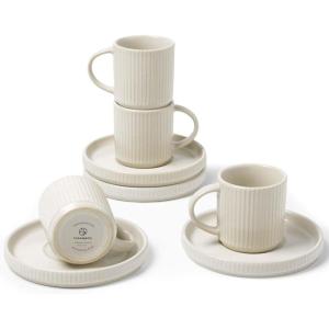 imagefamiware Jupiter Espresso Cups and Saucers Set of 4 3 oz Ceramic Small Coffee Mug with Handle Spiral Stoneware Demitasse Cup for Tea Latte Cafe  Microwave ampamp Dishwasher Safe Light BlueMatte White