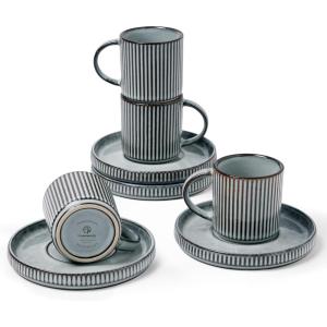 imagefamiware Jupiter Espresso Cups and Saucers Set of 4 3 oz Ceramic Small Coffee Mug with Handle Spiral Stoneware Demitasse Cup for Tea Latte Cafe  Microwave ampamp Dishwasher Safe Light BlueSmoky Blue