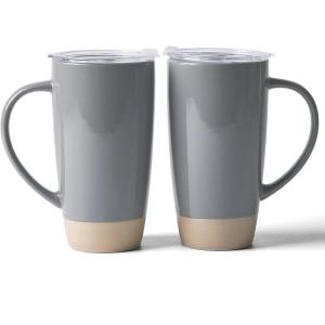 imagefamiware Milkyway Coffee Mugs 20oz Large Coffee Mug Ceramic Mug Set of 2 with Lid Cup Set with Handle for Latte Tea Cocoa Milk Home ampamp Office White and Cinnamon BrownDark Gray