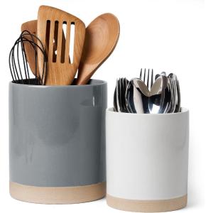 imagefamiware Milkyway Kitchen Utensil Holder for Countertop 72quot58quot Ceramic Cooking Utensil Crocks for Counter Utensil Organizer for Spatula ampamp Spoon Kitchen Decor Set of 2 WhiteDark Gray and White
