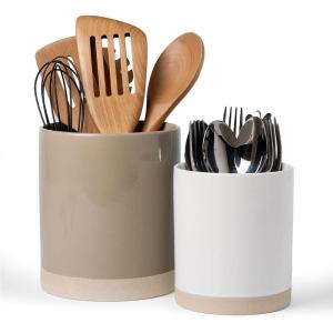 imagefamiware Milkyway Kitchen Utensil Holder for Countertop 72quot58quot Ceramic Cooking Utensil Crocks for Counter Utensil Organizer for Spatula ampamp Spoon Kitchen Decor Set of 2 WhiteCinnamon Brown and White