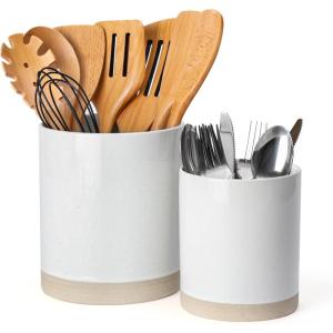 imagefamiware Milkyway Kitchen Utensil Holder for Countertop 72quot58quot Ceramic Cooking Utensil Crocks for Counter Utensil Organizer for Spatula ampamp Spoon Kitchen Decor Set of 2 WhiteWhite