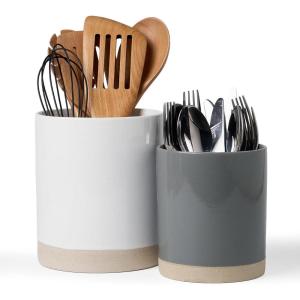imagefamiware Milkyway Kitchen Utensil Holder for Countertop 72quot58quot Ceramic Cooking Utensil Crocks for Counter Utensil Organizer for Spatula ampamp Spoon Kitchen Decor Set of 2 WhiteWhite and Dark Gray