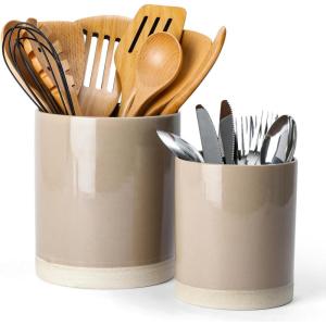 imagefamiware Milkyway Kitchen Utensil Holder for Countertop 72quot58quot Ceramic Cooking Utensil Crocks for Counter Utensil Organizer for Spatula ampamp Spoon Kitchen Decor Set of 2 WhiteCinnamon Brown