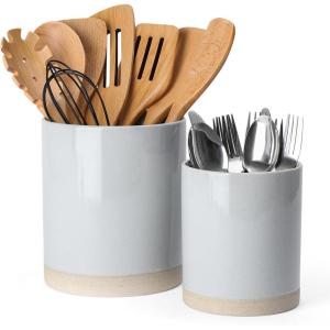 imagefamiware Milkyway Kitchen Utensil Holder for Countertop 72quot58quot Ceramic Cooking Utensil Crocks for Counter Utensil Organizer for Spatula ampamp Spoon Kitchen Decor Set of 2 WhiteLight Gray
