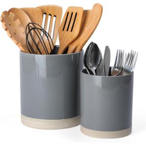 imagefamiware Milkyway Kitchen Utensil Holder for Countertop 72quot58quot Ceramic Cooking Utensil Crocks for Counter Utensil Organizer for Spatula ampamp Spoon Kitchen Decor Set of 2 WhiteDark Gray