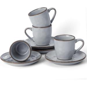 imagefamiware Ocean Espresso Cups with Saucers Set of 4 334oz Espresso Cup Set Coffee Mug Set for Latte Macchiato Stoneware Demitasse Cups Set for Cafe MicrowaveampampDishwasher Safe Vanilla WhiteGray