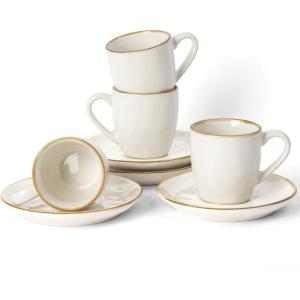 imagefamiware Ocean Espresso Cups with Saucers Set of 4 334oz Espresso Cup Set Coffee Mug Set for Latte Macchiato Stoneware Demitasse Cups Set for Cafe MicrowaveampampDishwasher Safe Vanilla WhiteVanilla White