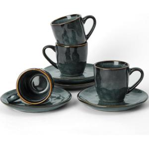 imagefamiware Ocean Espresso Cups with Saucers Set of 4 334oz Espresso Cup Set Coffee Mug Set for Latte Macchiato Stoneware Demitasse Cups Set for Cafe MicrowaveampampDishwasher Safe Vanilla WhiteDeep Forest