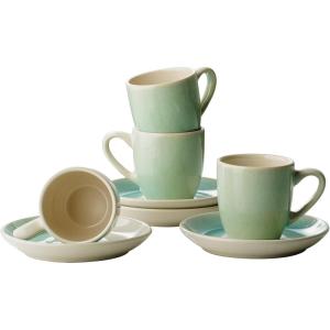 imagefamiware Ocean Espresso Cups with Saucers Set of 4 334oz Espresso Cup Set Coffee Mug Set for Latte Macchiato Stoneware Demitasse Cups Set for Cafe MicrowaveampampDishwasher Safe Vanilla WhiteAqua