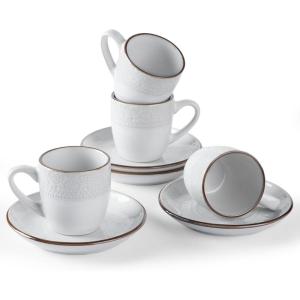 imagefamiware Ocean Espresso Cups with Saucers Set of 4 334oz Espresso Cup Set Coffee Mug Set for Latte Macchiato Stoneware Demitasse Cups Set for Cafe MicrowaveampampDishwasher Safe Vanilla WhiteWhite Flower