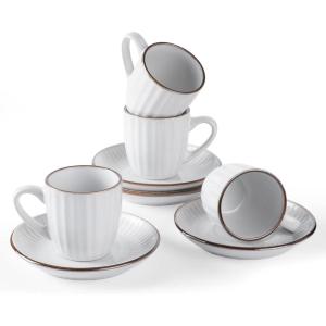 imagefamiware Ocean Espresso Cups with Saucers Set of 4 334oz Espresso Cup Set Coffee Mug Set for Latte Macchiato Stoneware Demitasse Cups Set for Cafe MicrowaveampampDishwasher Safe Vanilla WhiteWhite Stripe