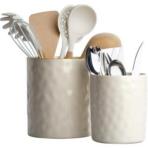 imagefamiware Ocean Utensil Holder 72quot58quot Ceramic Kitchen Utensil Holder for Countertop 2 Pieces Cooking Utensil Crocks Utensil Organizer for Spatula ampamp Spoon Kitchen Decor Set of 2 BlueVanilla White