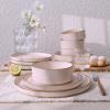 imageFamiware Nebula Plates and Bowls Sets for 4 12 Pieces Stoneware Dinnerware Set Microwave and Dishwasher Safe Dishes Set White with Black RimLight Pink with Brown Rim