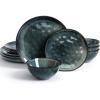 imageFamiware Dinnerware Sets for 4 Ocean Round 12Piece Kitchen Plates and Bowls Sets Microwave and Dishwasher Safe Scratch Resistant Matte BlackDeep Forest