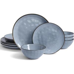 imageFamiware Dinnerware Sets for 4 Ocean Round 12Piece Kitchen Plates and Bowls Sets Microwave and Dishwasher Safe Scratch Resistant Matte BlackBlue