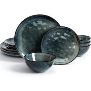 imageFamiware Dinnerware Sets for 4 Ocean Round 12Piece Kitchen Plates and Bowls Sets Microwave and Dishwasher Safe Scratch Resistant Matte BlackDeep Forest