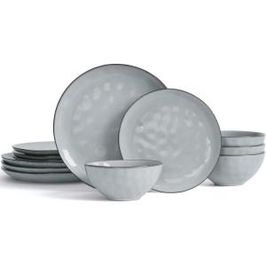 imageFamiware Dinnerware Sets for 4 Ocean Round 12Piece Kitchen Plates and Bowls Sets Microwave and Dishwasher Safe Scratch Resistant Matte BlackGray