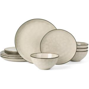 imageFamiware Dinnerware Sets for 4 Ocean Round 12Piece Kitchen Plates and Bowls Sets Microwave and Dishwasher Safe Scratch Resistant Matte BlackLight khaki