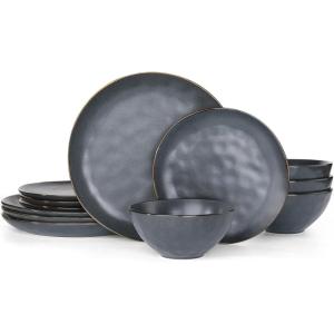 imageFamiware Dinnerware Sets for 4 Ocean Round 12Piece Kitchen Plates and Bowls Sets Microwave and Dishwasher Safe Scratch Resistant Matte BlackMatte Black