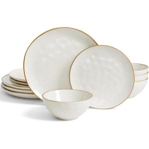 imageFamiware Dinnerware Sets for 4 Ocean Round 12Piece Kitchen Plates and Bowls Sets Microwave and Dishwasher Safe Scratch Resistant Matte BlackVanilla White