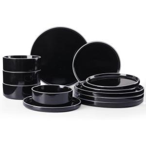 imageFamiware Nebula Plates and Bowls Sets for 4 12 Pieces Stoneware Dinnerware Set Microwave and Dishwasher Safe Dishes Set White with Black RimBlack with White Rim