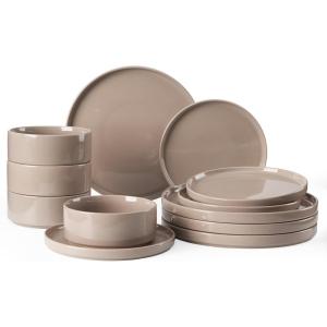 imageFamiware Nebula Plates and Bowls Sets for 4 12 Pieces Stoneware Dinnerware Set Microwave and Dishwasher Safe Dishes Set White with Black RimCinnamon Brown
