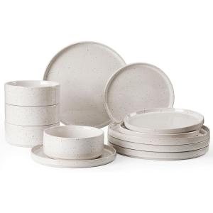 imageFamiware Nebula Plates and Bowls Sets for 4 12 Pieces Stoneware Dinnerware Set Microwave and Dishwasher Safe Dishes Set White with Black RimCreamy White with Colorful Speckles
