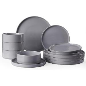 imageFamiware Nebula Plates and Bowls Sets for 4 12 Pieces Stoneware Dinnerware Set Microwave and Dishwasher Safe Dishes Set White with Black RimDark Gray