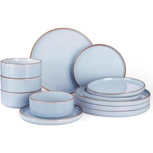 imageFamiware Nebula Plates and Bowls Sets for 4 12 Pieces Stoneware Dinnerware Set Microwave and Dishwasher Safe Dishes Set White with Black RimLight Blue with Brown Rim