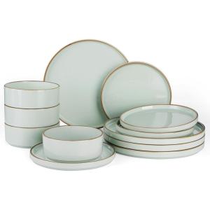 imageFamiware Nebula Plates and Bowls Sets for 4 12 Pieces Stoneware Dinnerware Set Microwave and Dishwasher Safe Dishes Set White with Black RimLight Green with Brown Rim