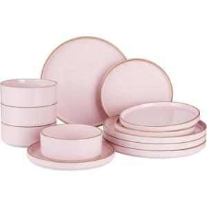 imageFamiware Nebula Plates and Bowls Sets for 4 12 Pieces Stoneware Dinnerware Set Microwave and Dishwasher Safe Dishes Set White with Black RimLight Pink with Brown Rim