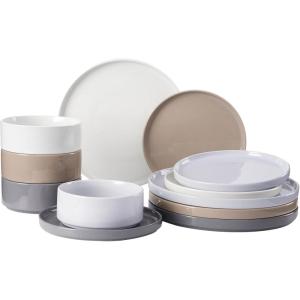 imageFamiware Nebula Plates and Bowls Sets for 4 12 Pieces Stoneware Dinnerware Set Microwave and Dishwasher Safe Dishes Set White with Black RimMulticolor