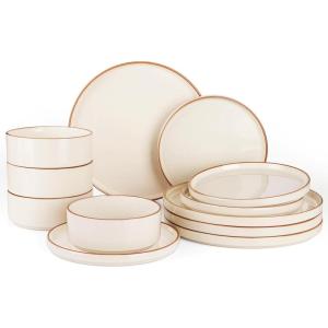 imageFamiware Nebula Plates and Bowls Sets for 4 12 Pieces Stoneware Dinnerware Set Microwave and Dishwasher Safe Dishes Set White with Black RimVanilla White with Brown Rim