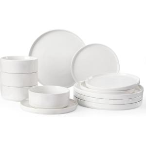 imageFamiware Nebula Plates and Bowls Sets for 4 12 Pieces Stoneware Dinnerware Set Microwave and Dishwasher Safe Dishes Set White with Black RimWhite